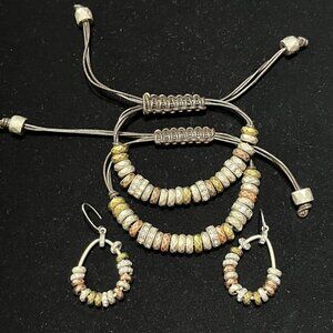 Leather, Brass, Copper, Silver and Rhinestone Bangle Bracelets X2 with Earings